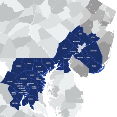 Graphic of a map with Len The Plumber's service area highlighted which includes Baltimore County, Howard County, and more.