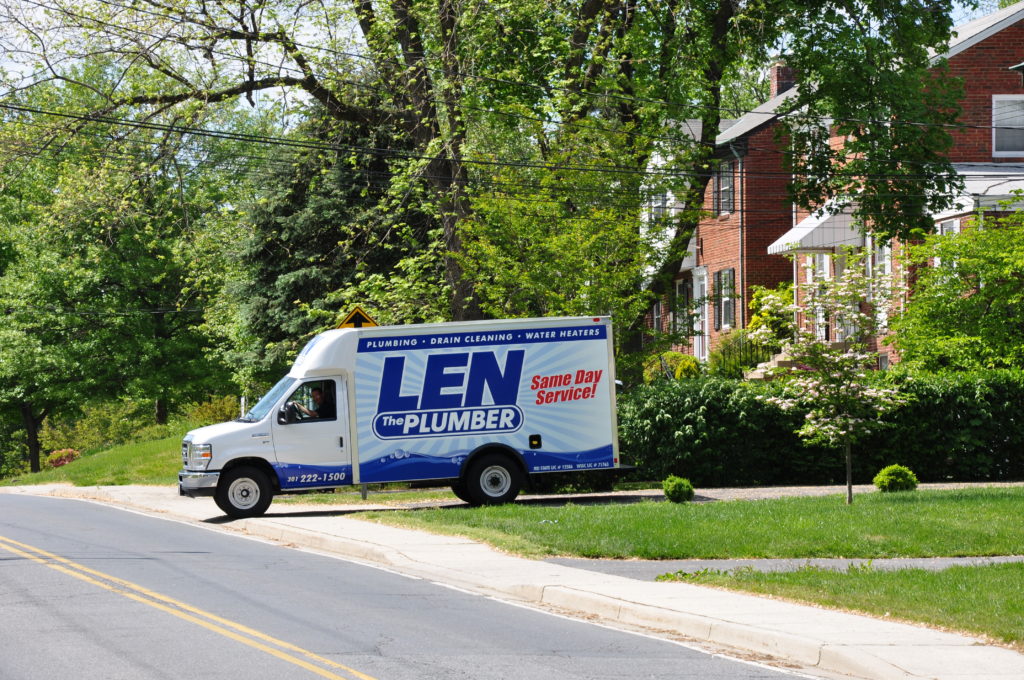 Len The Plumber truck advertising Same Day Service in Philadelphia area