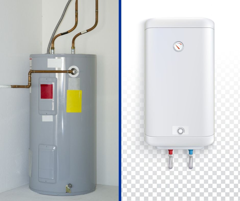 Side b side images of a water heater tank and a tankless water heater.