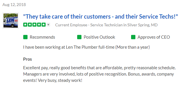 5-star review for Len The Plumber on Glassdoor from a Service Technician in Silver Spring, MD.