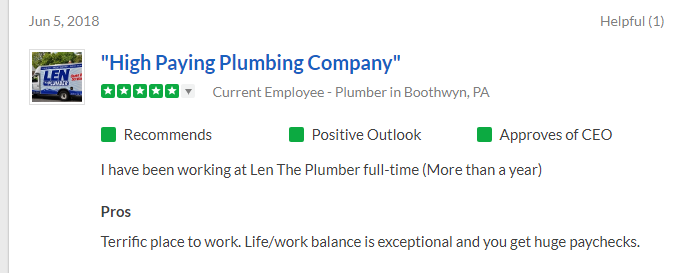 Snapshot of a positive 5-star review on Glassdoor from a Boothwyn, PA plumber at Len the Plumber.