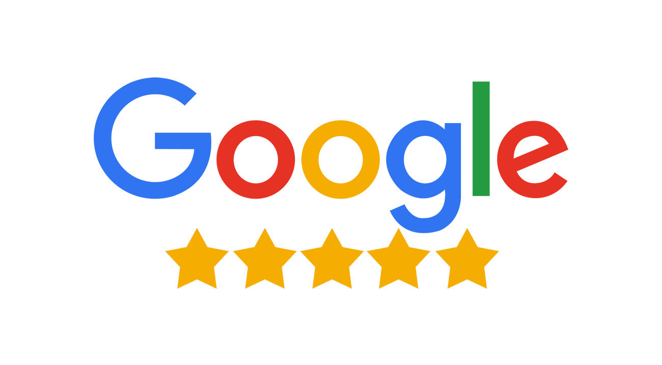 Google logo and 5 stars graphic on transparent background.