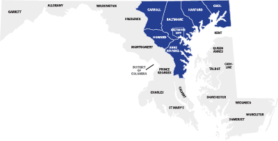 Graphic of a map with Len The Plumber's service area highlighted which includes Baltimore County, Howard County, and more.